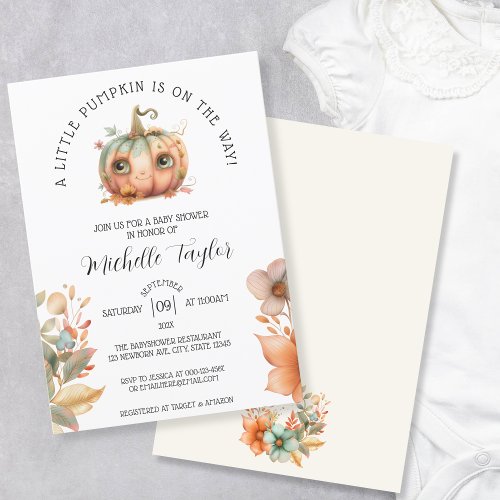 Cute Little Pumpkin Autumn Fall Floral Baby Shower Invitation