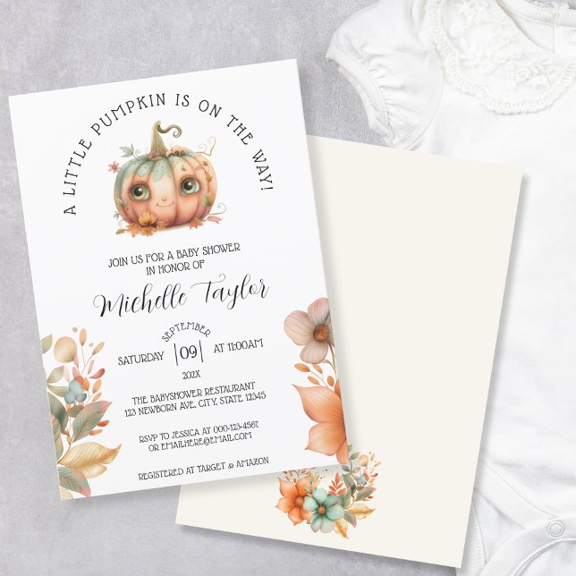 Cute Little Pumpkin Autumn Fall Floral Baby Shower Invitation (cute kawaii pumpkin)