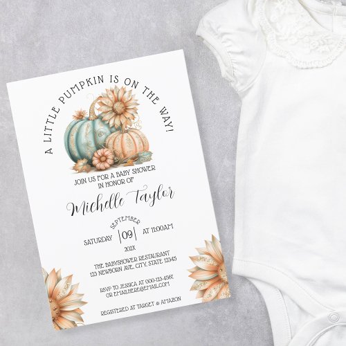 Cute Little Pumpkin Autumn Fall Floral Baby Shower Invitation