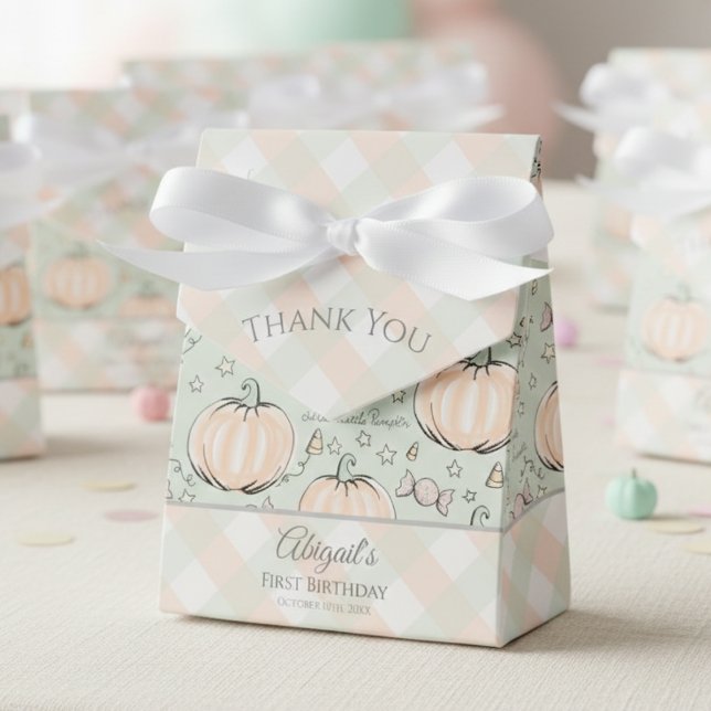 Cute Little Pumpkin Autumn Kids Favor Boxes (Green Little Pumpkin Gender Neutral 1st Birthday Favor Boxes. Modern Gingham & Rustic Fall Pumpkins)