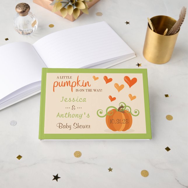 Cute Little Pumpkin Baby Shower Guest Book (Front Open)