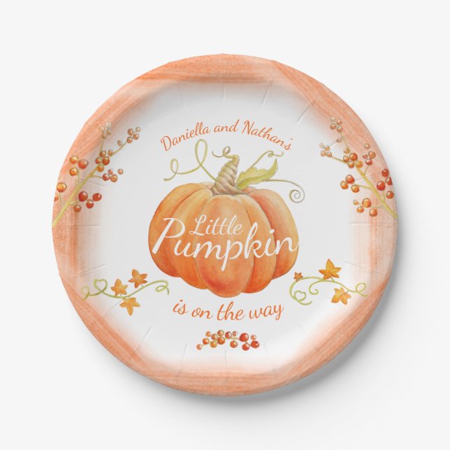 Cute little pumpkin baby shower watercolor paper plates (Front)