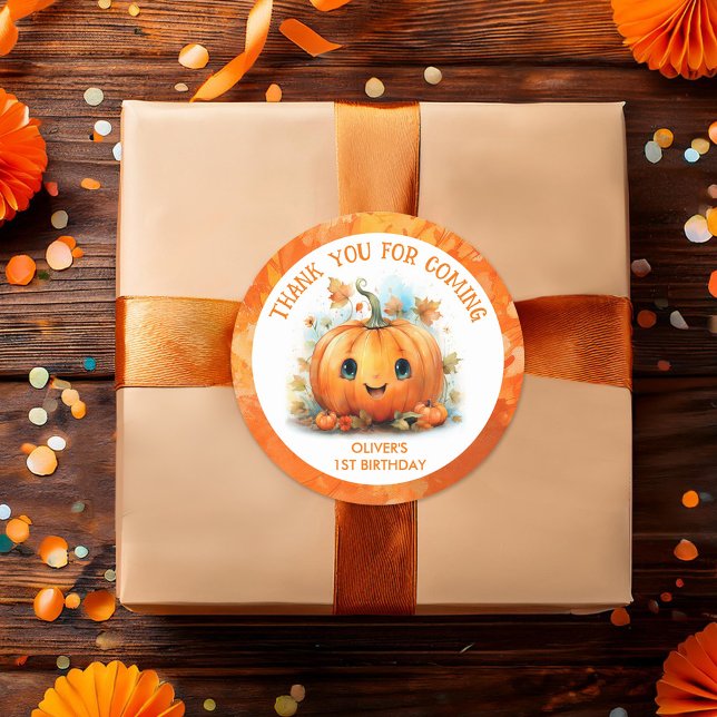 Cute Little Pumpkin Birthday Party Classic Round Sticker (Creator Uploaded)