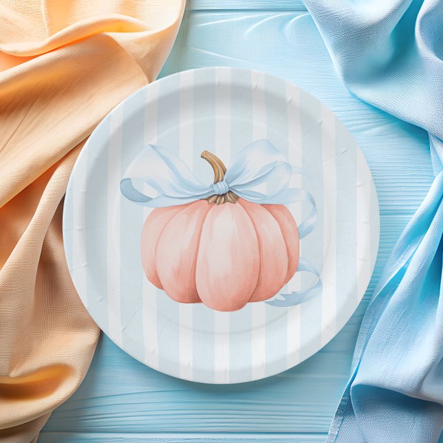 Cute Little Pumpkin Blue Bow Baby Shower Paper Plates (Creator Uploaded)