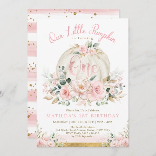 Cute Little Pumpkin Blush Pink Gold 1st Birthday Invitation