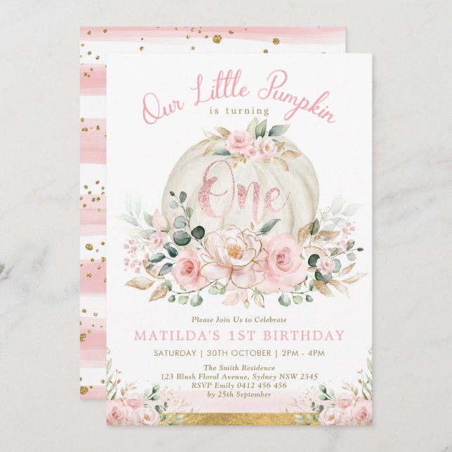 Cute Little Pumpkin Blush Pink Gold 1st Birthday Invitation (Front/Back)