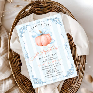 Cute Little Pumpkin Fall Blue Bow Baby Shower Invitation