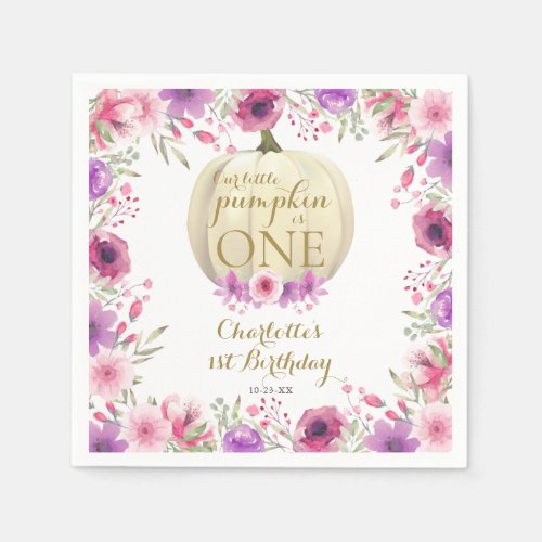 Cute Little Pumpkin Floral 1st Birthday Napkins