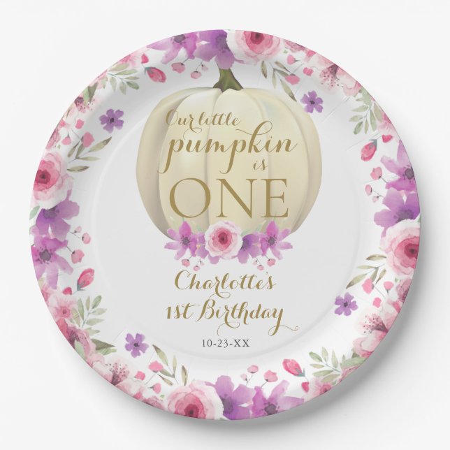 Cute Little Pumpkin Floral 1st Birthday Paper Plates (Front)