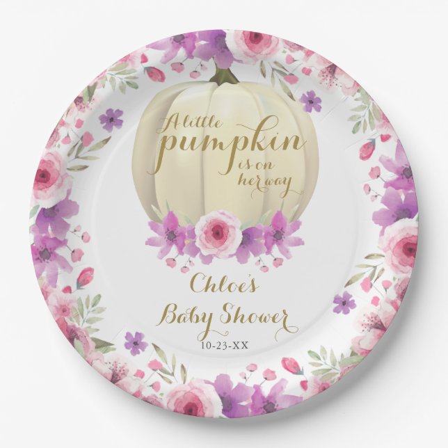 Cute Little Pumpkin Floral Baby Shower Paper Plates (Front)