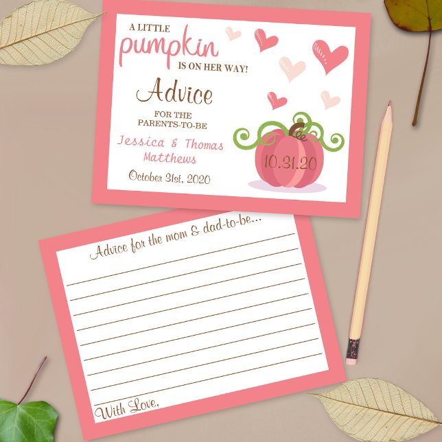 Cute Little Pumpkin Girls Baby Shower Advice Cards (Creator Uploaded)