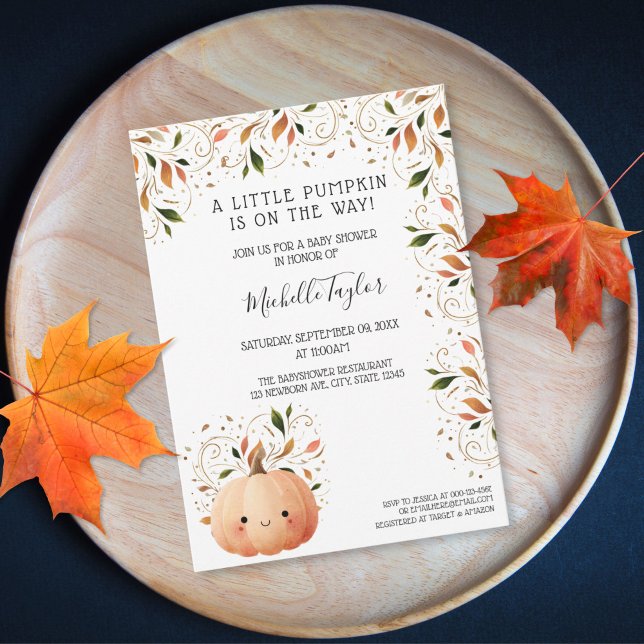 Cute Little Pumpkin on the Way Fall Baby Shower Invitation (cute watercolor kawai little pumpkin baby shower
)