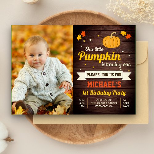 Cute Little Pumpkin Photo 1st Birthday Invitation