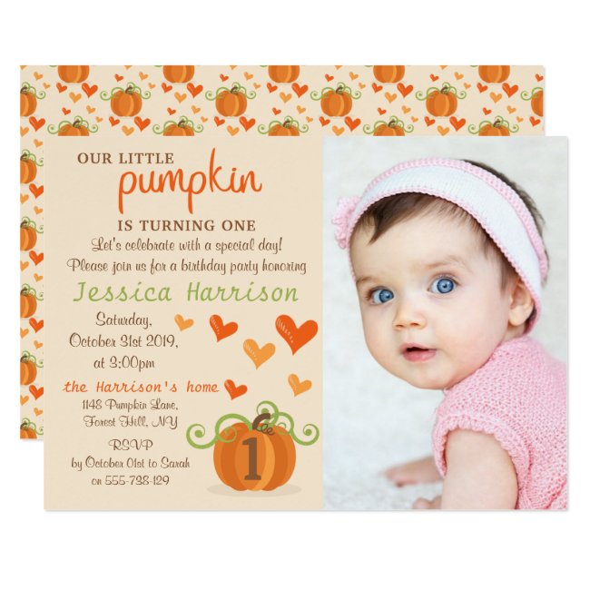 Cute Little Pumpkin Photo 1st Birthday Invitations