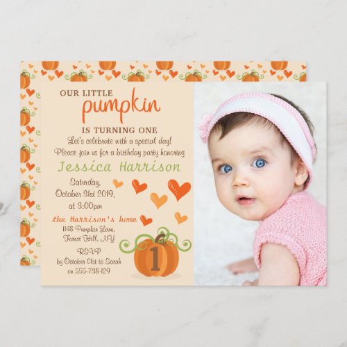 Cute Little Pumpkin Photo 1st Birthday Invitations
