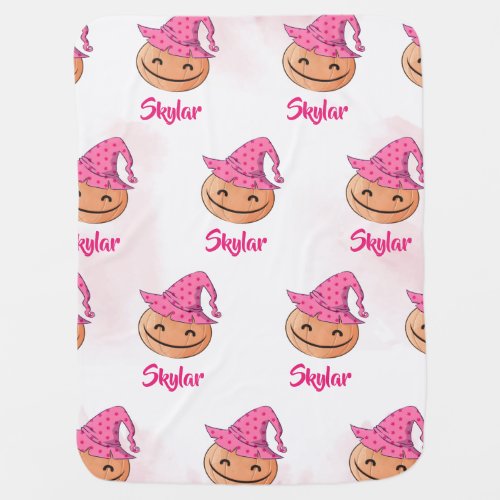 Cute Little Pumpkin  Pink Witch Hat Custom Name Baby Blanket