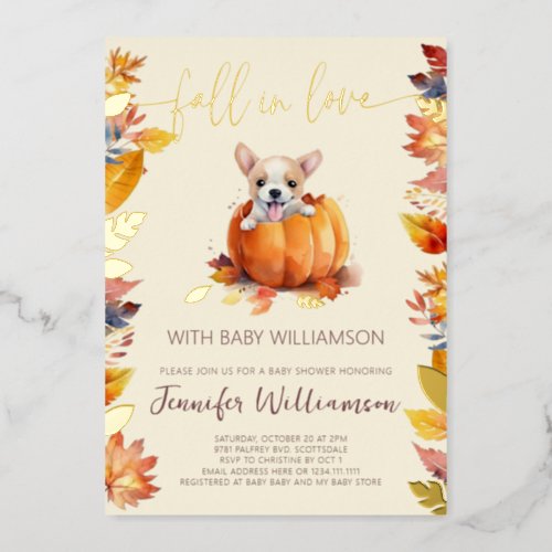Cute Little Pumpkin Puppy Fall in Love Baby Shower Foil Invitation