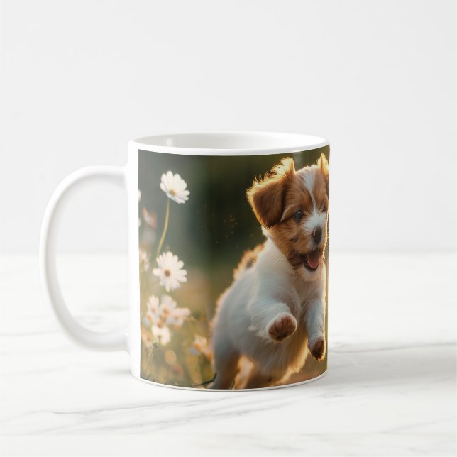 Cute little puppy chasing after a butterfly coffee mug (Left)