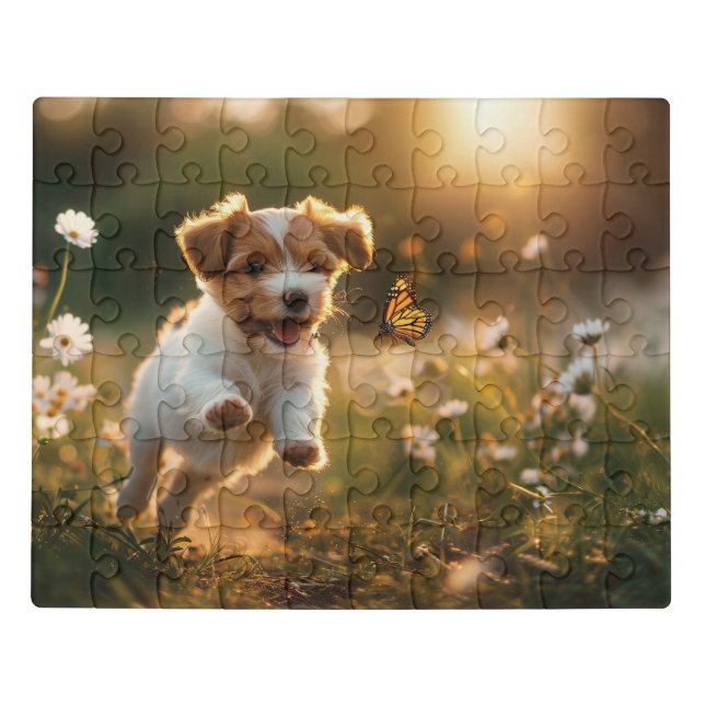 Cute little puppy chasing after a butterfly jigsaw puzzle (Puzzle Horizontal)