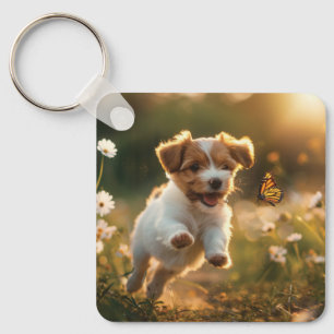 Cute little puppy chasing after a butterfly keychain