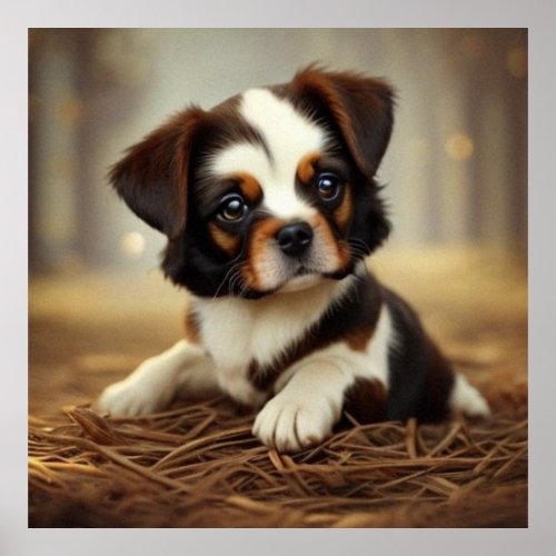 Cute little puppy dog dark brown and white poster