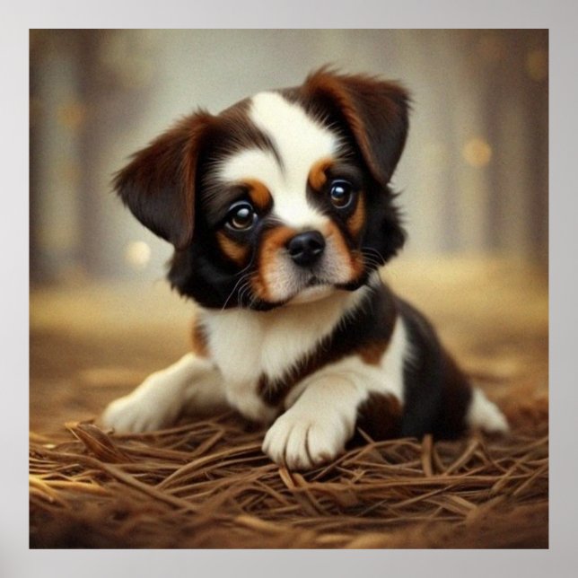 Cute little puppy dog dark brown and white poster (Front)