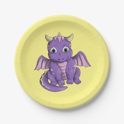 Cute Little Purple Baby Dragon Friendly Happy Paper Plates
