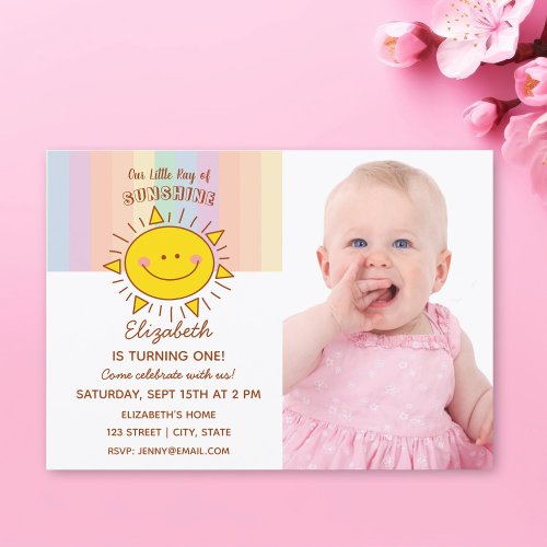 Cute Little Rainbow Sunshine Baby Birthday Photo Invitation