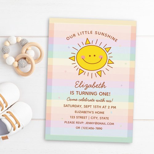 Cute Little Rainbow Sunshine Baby First Birthday Invitation