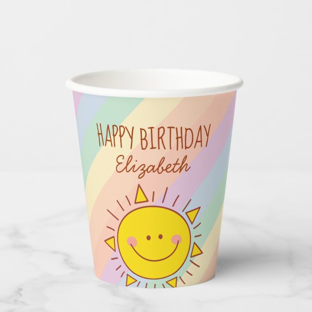 Cute Little Rainbow Sunshine Happy Birthday Party Paper Cups (Front)