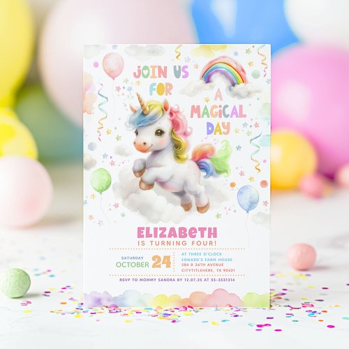 Cute Little Rainbow Unicorn Girls Birthday Party Invitation