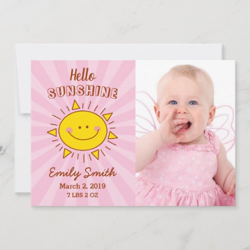 Cute Little Ray of Sunshine Baby Pink Photo Birth Announcement