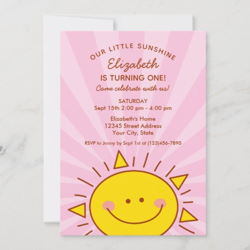 Cute Little Ray of Sunshine Pink Baby 1st Birthday Invitation