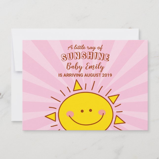 Cute Little Ray of Sunshine Pink Baby Arrival Announcement (Front)