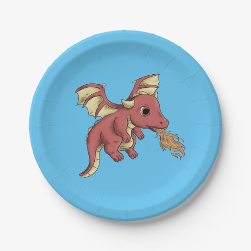 Cute Little Red Baby Dragon Playful Happy Paper Plates