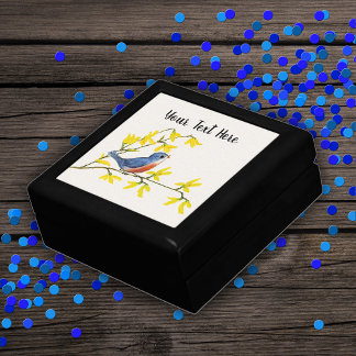 Cute Little Red Blue Bird on Branch Yellow Flowers Gift Box