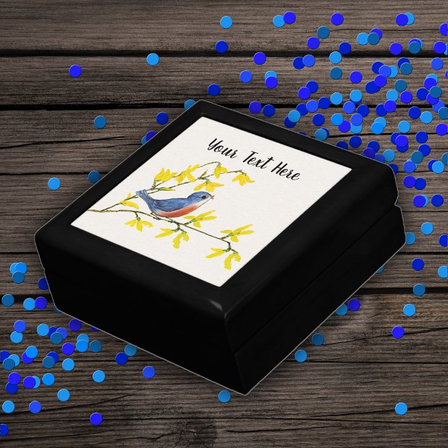 Cute Little Red Blue Bird on Branch Yellow Flowers Gift Box (Red and blue singing bird sitting on branch with bright yellow flowers on wood gift box.)