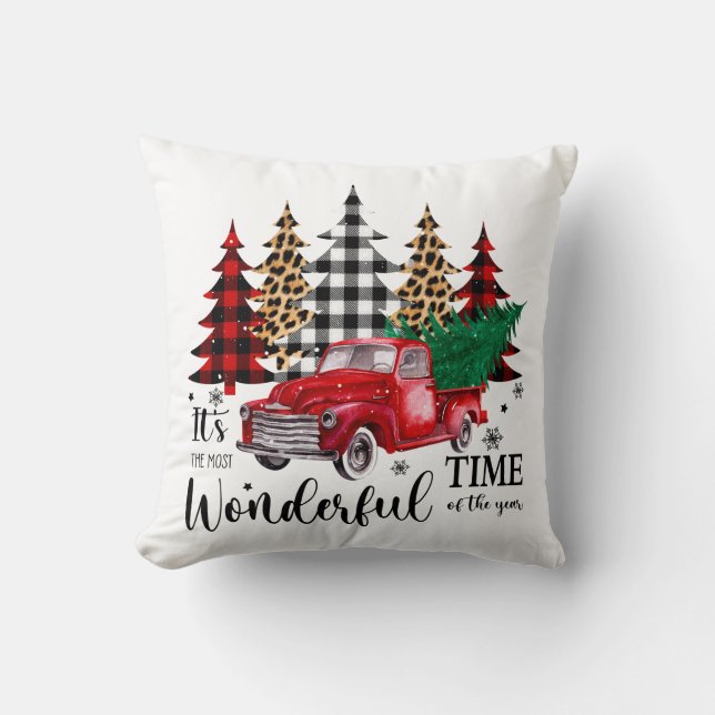 Cute Little Red Christmas Truck Throw Pillow (Front)