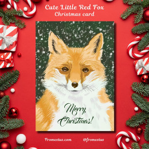 Cute Little Red Fox - in snow Merry Christmas.  Holiday Card