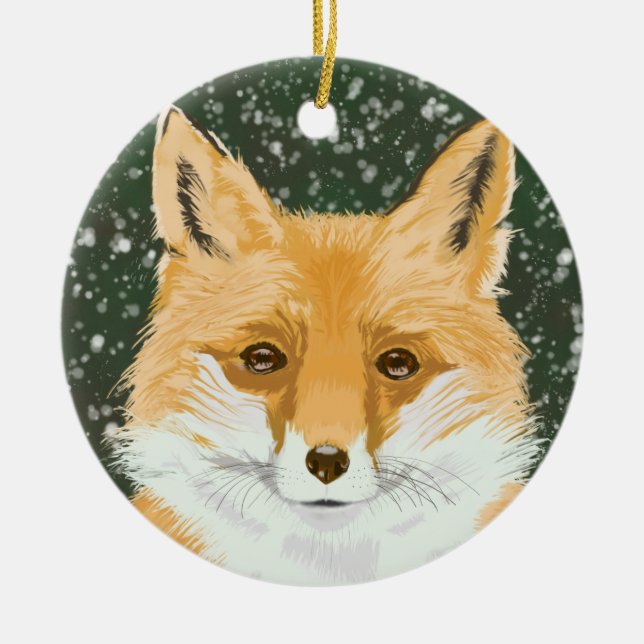 Cute Little Red Fox - in the snow. Ceramic Ornament (Front)