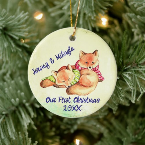 Cute Little Red Foxes Our First Christmas Cerami Ceramic Ornament