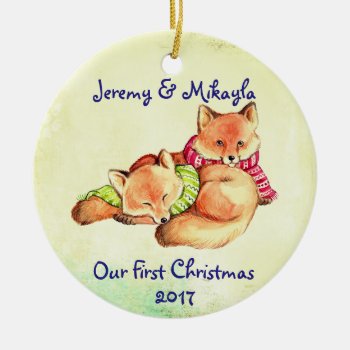 Cute Little Red Foxes "our First Christmas" Ceramic Ornament by DakotaInspired at Zazzle