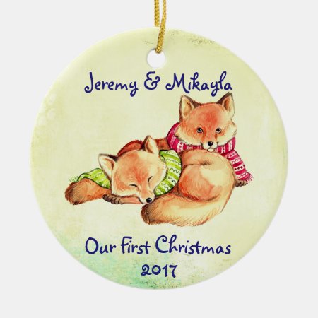 Cute Little Red Foxes "our First Christmas" Ceramic Ornament