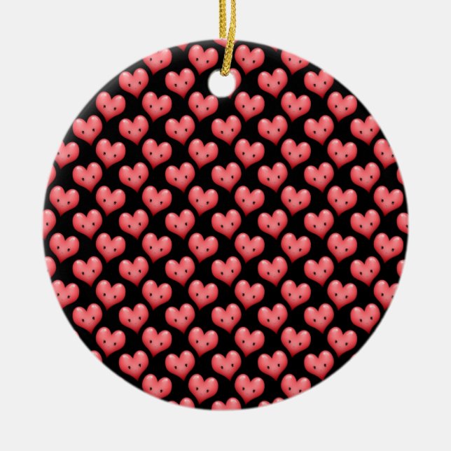 Cute Little Red Hearts on Black Ceramic Ornament (Front)