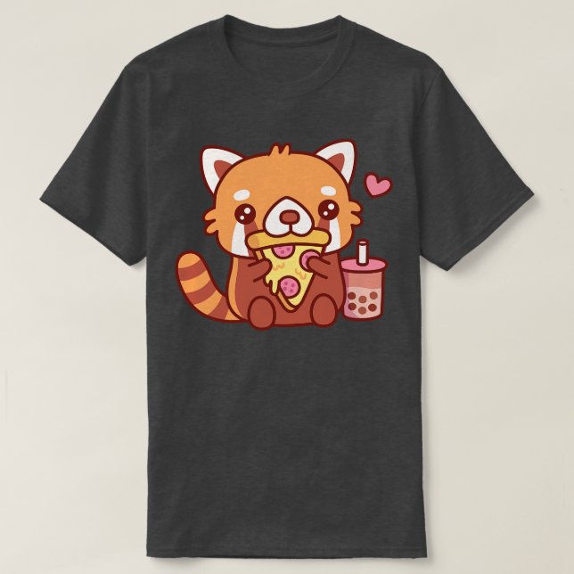 Cute Little Red Panda Loves Eating Pepperoni Pizza T-Shirt (Design Front)