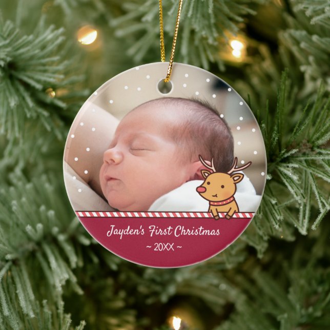 Cute Little Reindeer Baby's First Christmas Photo Ceramic Ornament (Tree)
