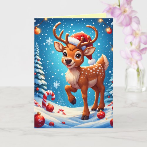 Cute Little Reindeer Christmas Santa Hat Winter Card