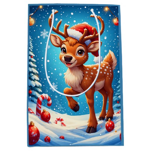 Cute Little Reindeer Christmas Santa Hat Winter Medium Gift Bag