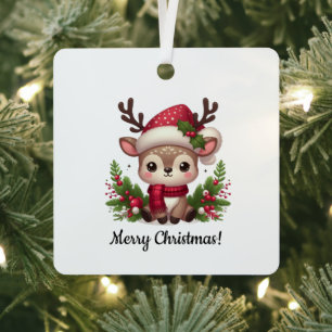 Cute little reindeer with Christmas Hat Metal Ornament