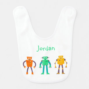 Cute Little Robots Custom Name Baby Bib
